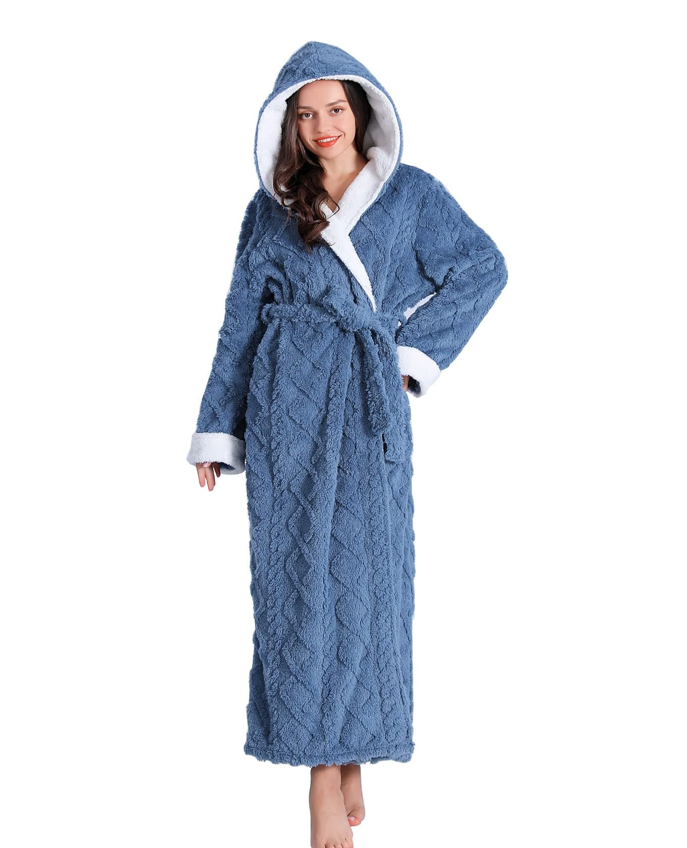 Dowesrobe Long Robes with Hood for WomenPlush Fleece Hooded Robes for Women Winter Warm Housecoat XLargeBlue
