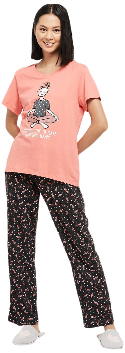Max Women's Printed Round Neck Half Sleeve Cotton Pyjama Set Peach