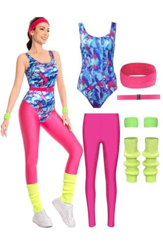 COREWO 80s Workout Costume for Women Adult Aerobics Outfit Yoga Jumpsuit 90s Accessories Set Leotard Legging Headband Wristbands Leg Warmers for Retro Party