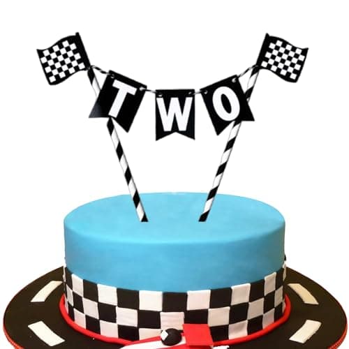 Two Fast Cake Topper Race Car 2nd Cake Decoration Checkered Flag Themed Birthday Party Supplies Black and White Racing Birthday Cake Decor