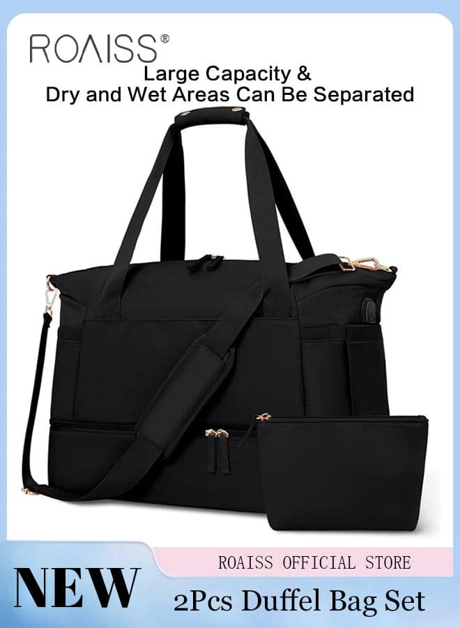 2PCS Large Capacity Duffle Bag and Pouch Bag Set, Multifunctional Overnight Bag with Zip Closure, Waterproof Travel Bag with Shoe Compartment and USB Charging Port, Carry-on Tote Bag and Toiletry Bag, Ideal for Travel, Swimming, Gym and Outdoor Activities