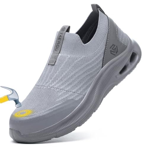 Steel Toe Shoes Men Lightweight Comfortable Work Shoes Slip On Safety Shoe Walking Sneakers Puncture Proof Loafers,Grey,Size 9.5