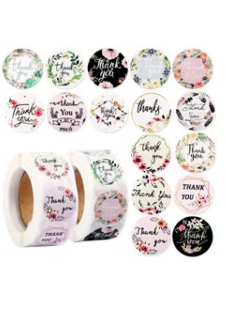 1000Pcs/2Rolls Thank You Seal Label Stickers Round 1 Inch 16 Flower Designs Self-Adhesive Decorative Sealing Gifts Wrapping for Business Bags Envelope Paper Card Wedding Party