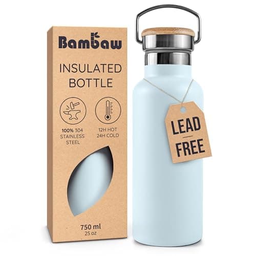 Bambaw Stainless Steel Water Bottle 24 oz, Metal Water Bottle Insulated, Lightweight & Reusable, Keeps Drinks Cold 24h & Hot 12h, Sleek & Elegant Design, Fits in Cup Holder (Ice Blue)