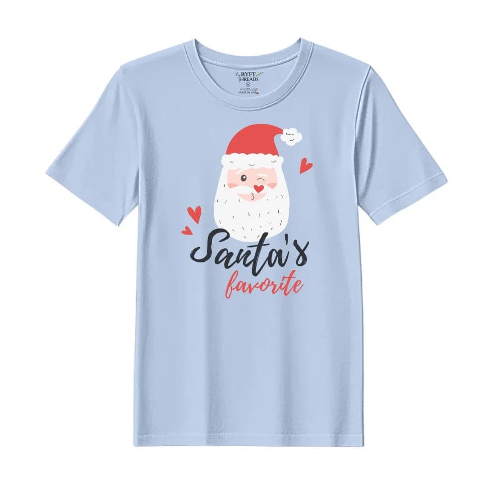 BYFT Threads XL Sky Blue Polycotton T-Shirt - Christmas "Santa's Favorite" Printed Design, Premium Holiday Collection