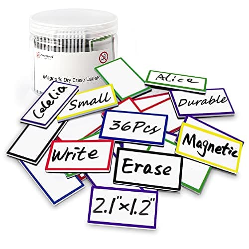36Pcs Magnetic Name Tags Small Thick Dry Erase Magnet Labels Writable Wipable Mini Magnetic Tapes Strips for Classroom Office Calendar Whiteboards Shelf Garage Fridge, 2.1x1.2