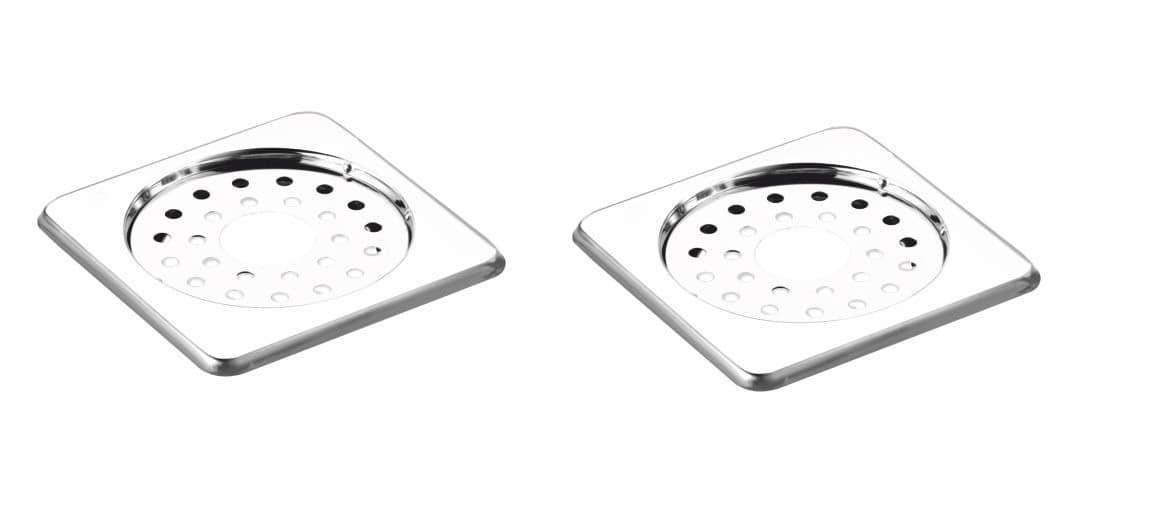 NEW WARE Pack of 2 5x5 Inch Square Locking Stainless Steel Bathroom JaliTrap Floor Drain with Hole Chrome Finish Water Drain Grating Floor Trap