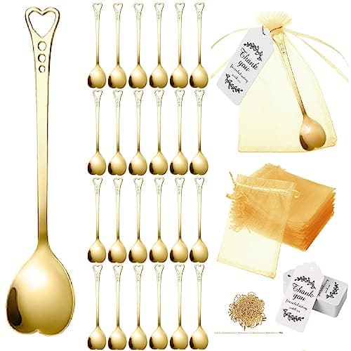 Meanplan 50 Sets Tea Party Favors for Guests, Tea Spoon Heart Shape Stainless Steel Coffee Spoon with Organza Bag and Thank You Card for Wedding Bridal Shower Party Wedding Souvenir Gift(Gold)