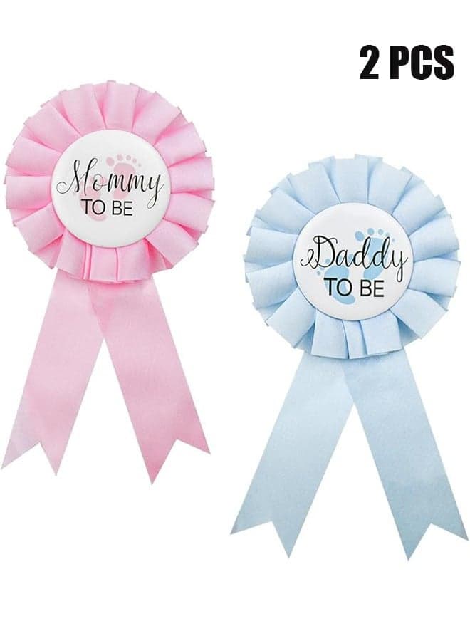 2 Pieces Daddy and Mommy To Be Tinplate Badge Pin, Celebration Gender Reveal Party Favor New Dad Mom Gifts Rosette ons with Ribbon Baby Shower Decorations (Pink + Blue)