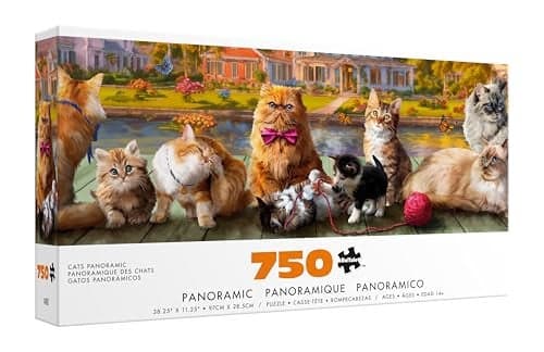 Buffalo Games Cats 750 Piece Panoramic Jigsaw Puzzle Scenic Landscape Artwork for Adults Families PrecisionCut Pieces Beautiful Artwork and Hours of Relaxing Fun