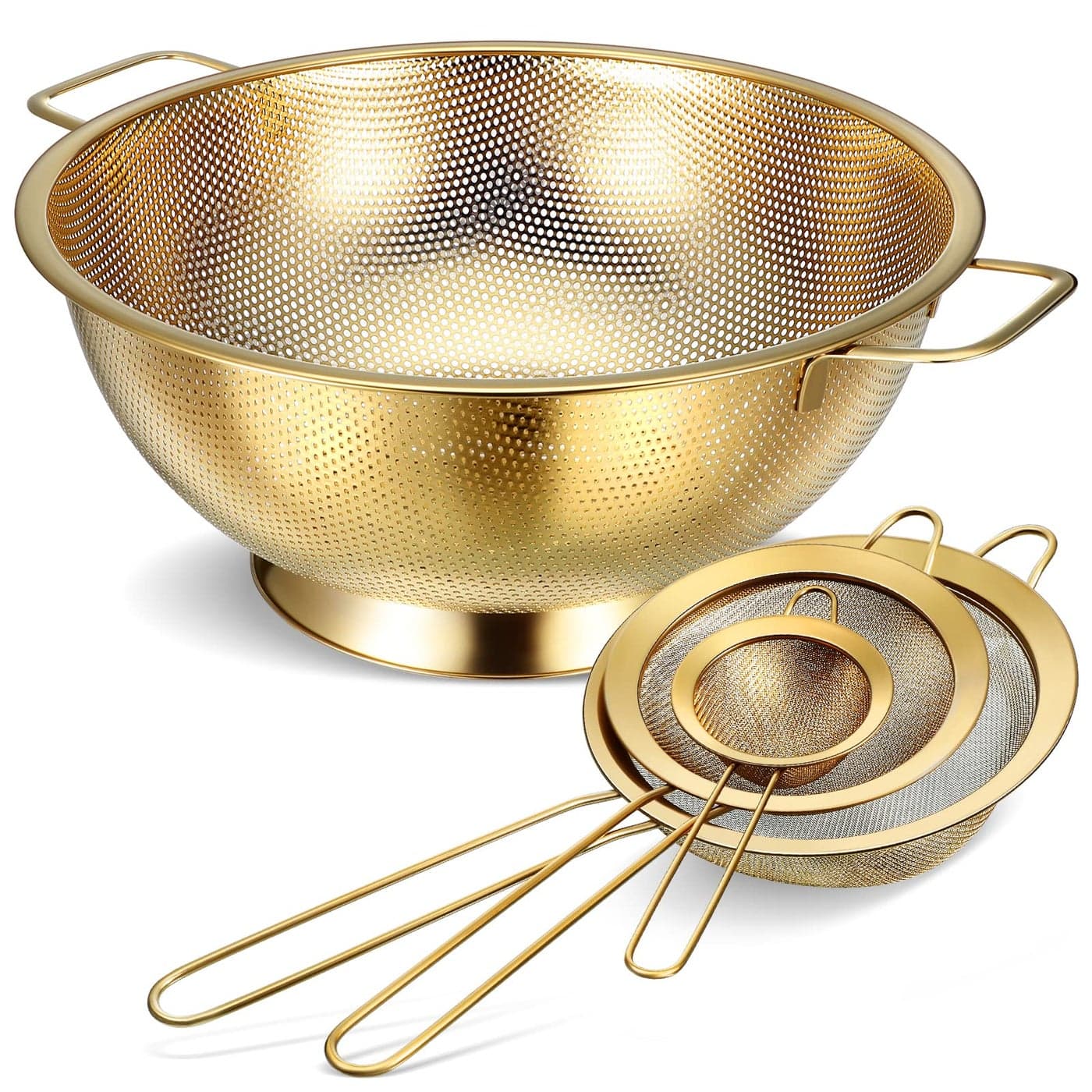 Norme 5 Quart Stainless Steel Gold Colander and 3 Pcs Gold Fine Mesh Strainer Stainless Steel Pasta Rice Food Metal Strainer with Handles Easy Clean and Dishwasher Safe
