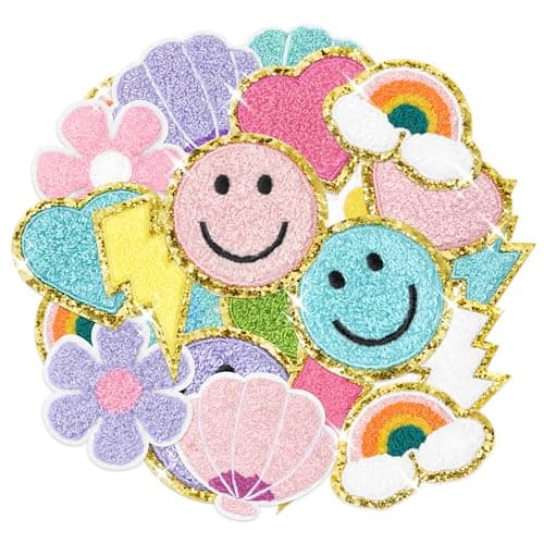 Kirako 24Pcs Preppy Chenille Patches Colorful Glitter Smile Lightning Bolt Heart Rainbow Flower Sew Iron on Repair Embroidered Applique Girly Style DIY Crafts Decorative Gift for Clothing Backpack Hat