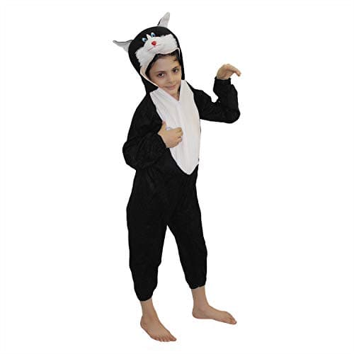 Kaku Fancy Dresses Fleece Cat Domestic Pet Animal Costume For Kids - Black, 5-6 Years | Animal Fancy Dress For Boys & Girls