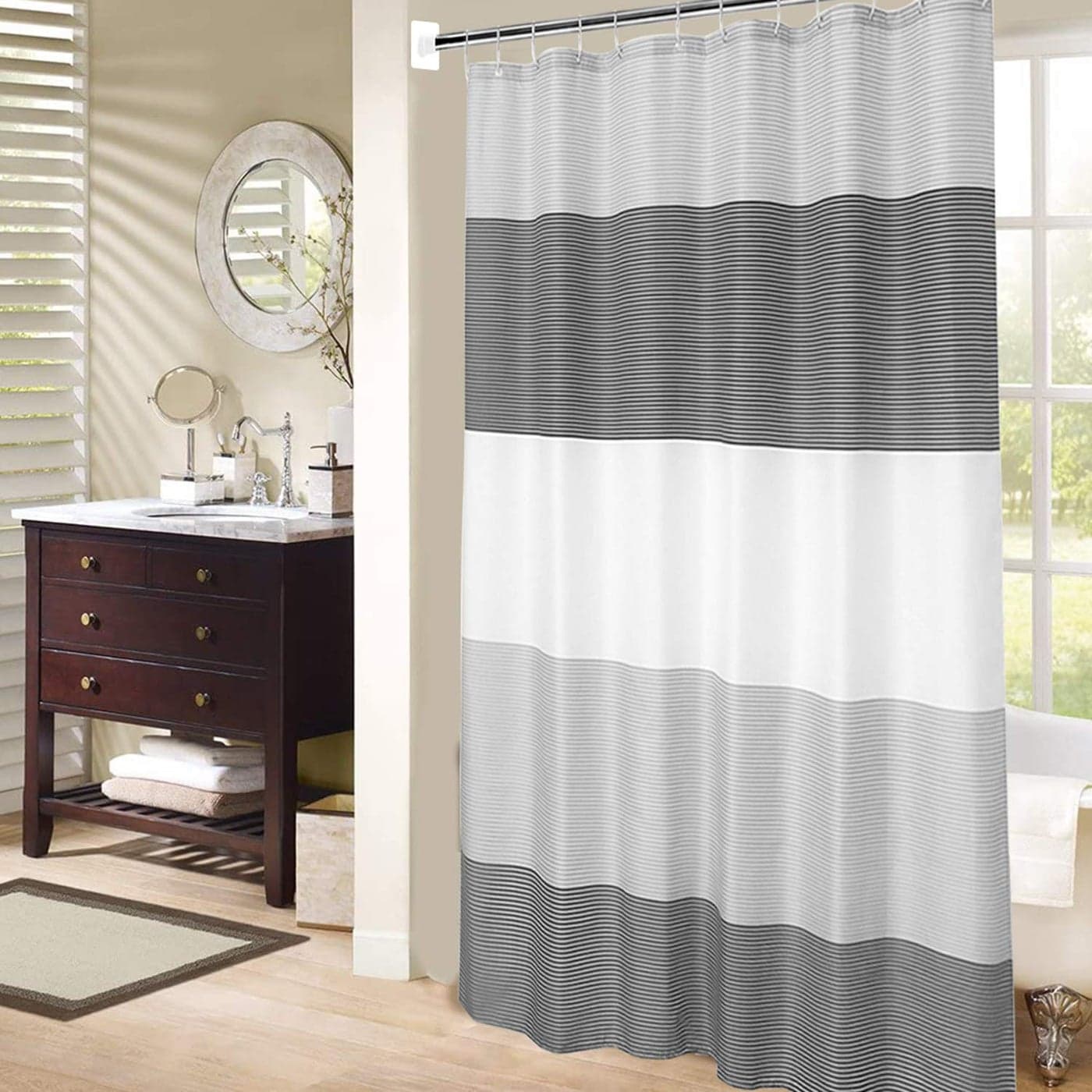 MORNITE Shower Curtain Black and Grey Shower Curtain for Men Bathroom White Neutral Stripes Polyester Fabric 12 Hooks 72x72