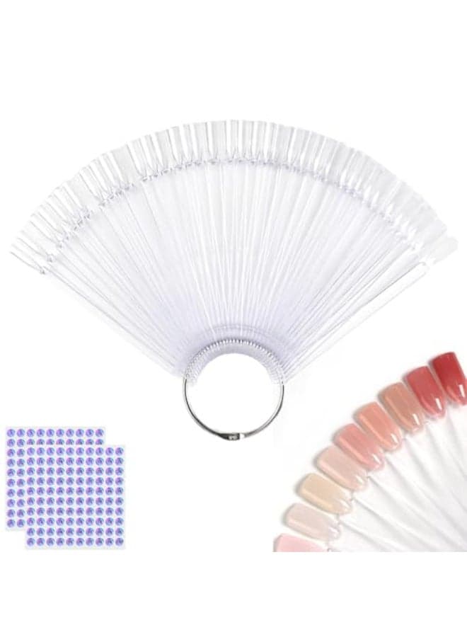 Nail Color Swatches Sticks with Ring 50Pcs Clear Fan Shape Nail Art Polish Display Tips with Number Stickers False Nail Sample Sticks Transparent nail PracticeTips for Manicure