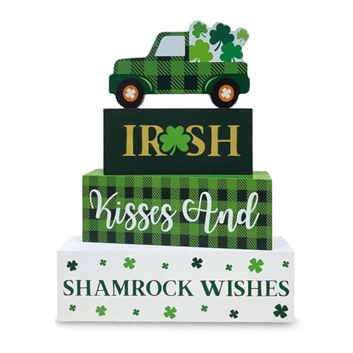 St Patricks Day Decorations 4 Pcs Wooden St Patricks Day Table Decorations Shamrock Truck Tiered Tray Decor Wooden Table Sign for Desk Shelf Mantel Centerpiece Indoor Home Decor