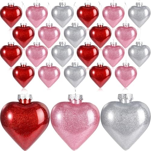 Civaner Large Valentine's Day Heart Ornaments for Valentine Decor, Glitter Heart Shaped Hanging Baubles with Pre-Strung Wire, Romantic Wedding Anniversary Party Decorations(Red Pink Silver,24 Pcs)