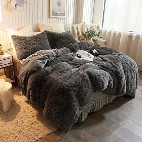 XeGe Plush Shaggy Duvet Cover, Luxury Ultra Soft Crystal Velvet Fuzzy Bedding 1PC(1 Faux Fur Duvet Cover), Fluffy Furry Comforter Cover with Zipper Closure(King, Dark Gray)