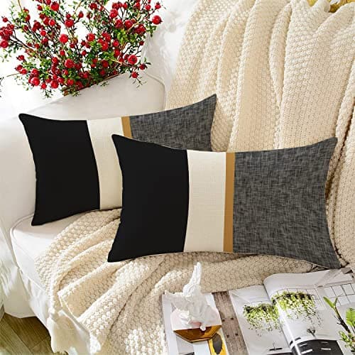 STITCHNEST Black Geometrical Printed Poly Cotton Rectangular Cushion Cover Pack of 2 (12x18 Inches)