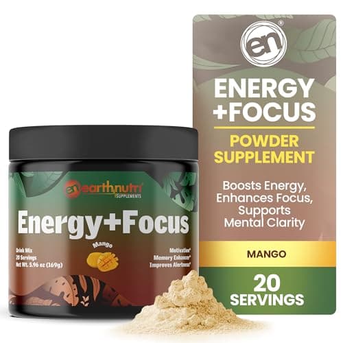 EarthNutri Energy Focus Powder Supplement Energy Boost Helps Concentration with PeakO2 AlphaSize Cognizin PurCaf Theacrine Acetyl LCarnitine LTyrosine Mango Flavor 20 Servings 171g