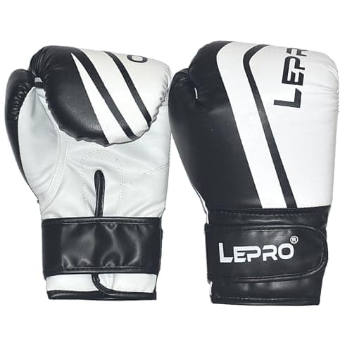 LEPRO PU Leather Boxing Gloves for Men & Women for Training & Match Boxing Gloves for Karate Muay Thai Kick Taekwondo Training (White Black, 10oz)