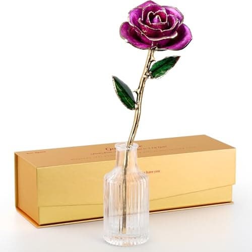 ECO SPACE 24K Gold Dipped Rose – Handpicked Real Rose in 24K Gold – Regal, One-of-a-Kind Romantic Gift for Her – Perfect for Birthday, Anniversary, Mother’s Day, Valentine’s (Purple)