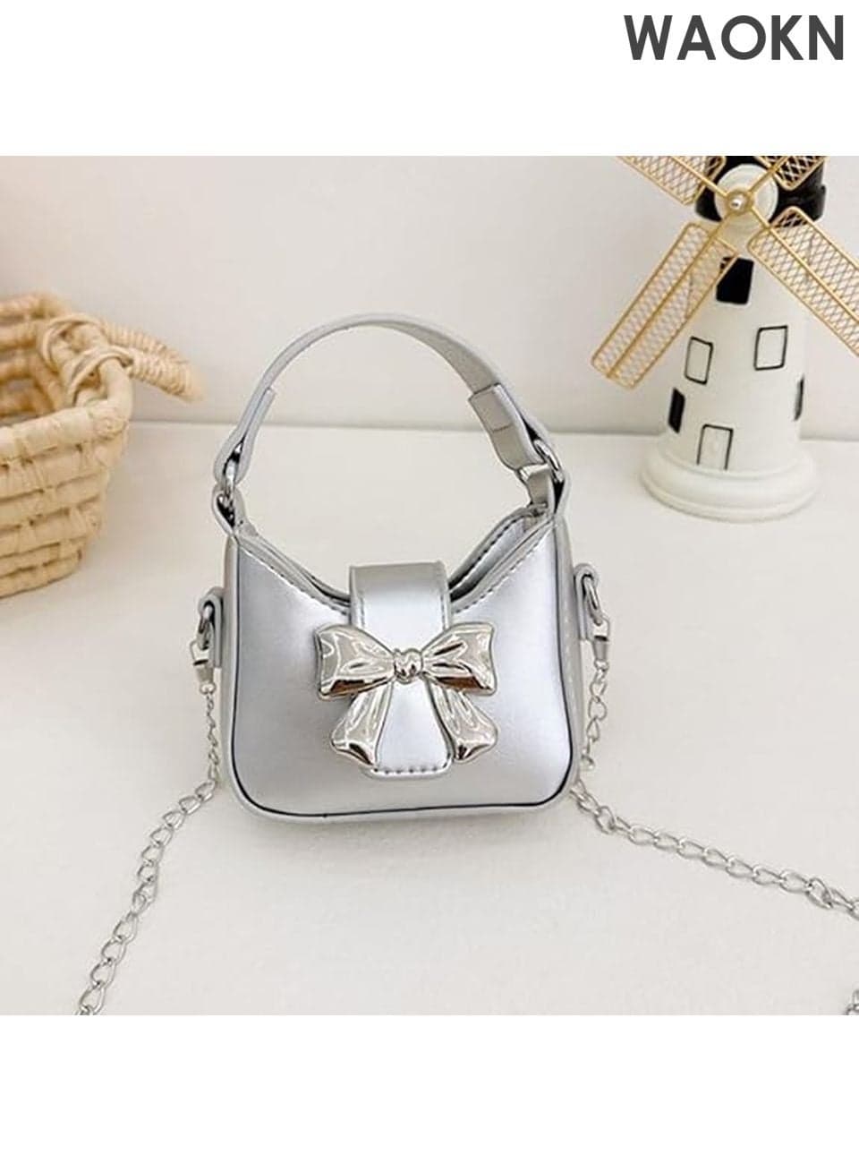 Mini Crossbody Purse for Little Girls - Adorable Bow Magnetic Buckle Handbag with Adjustable Strap - Cute Shoulder Bag for Kids Ages 4-12 - Perfect Birthday Gift, Party Favor & Dress-Up Accessory (Silver)