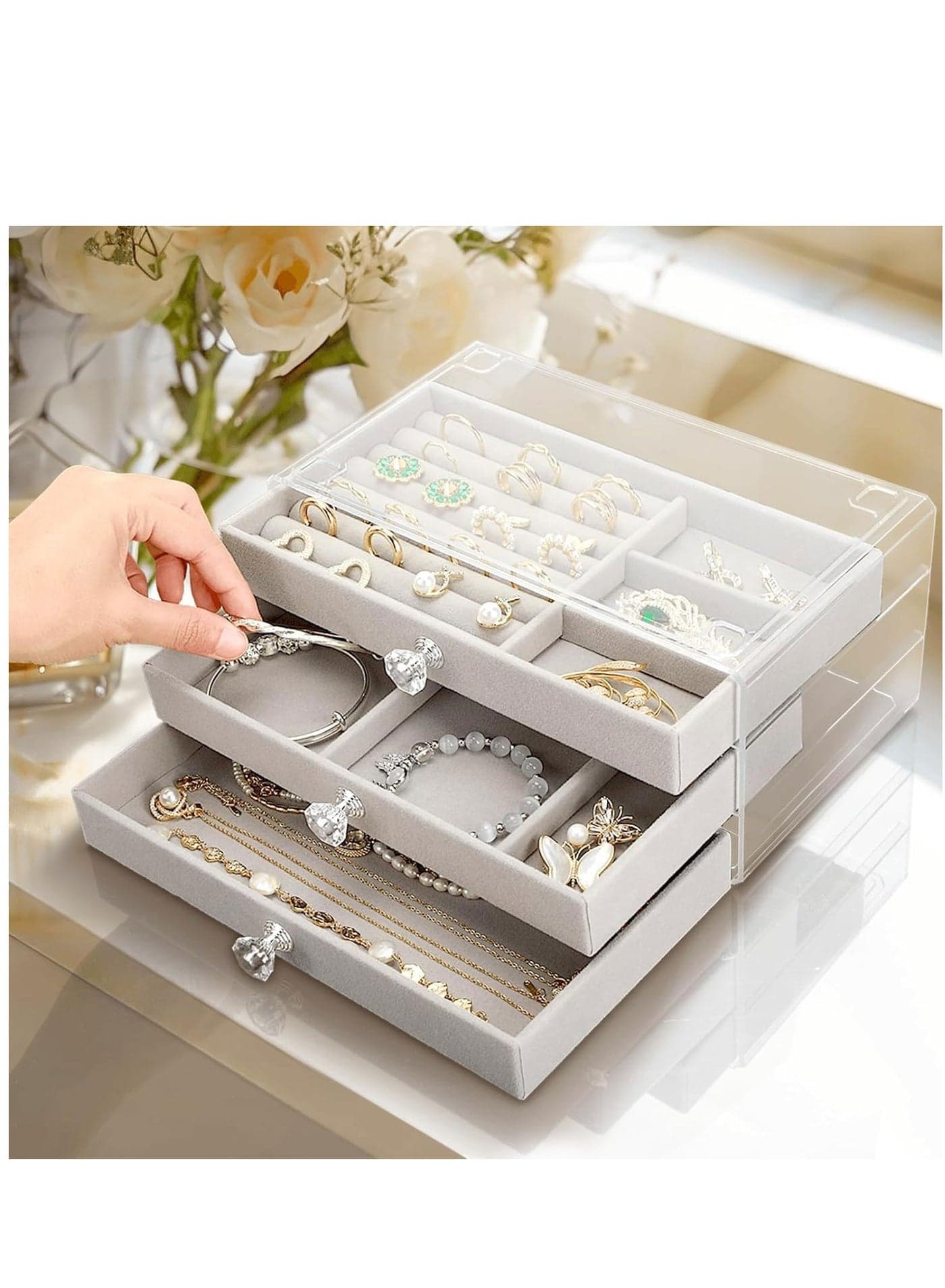Jewelry Box Organizer with 3 Drawers for Women Girls 3-Layer Jewelry Organizer with Dustproof Cover Clear Ladies Jewelry Boxes Jewelry Display Case for Earring Rings Necklaces Bracelets Sunglasses