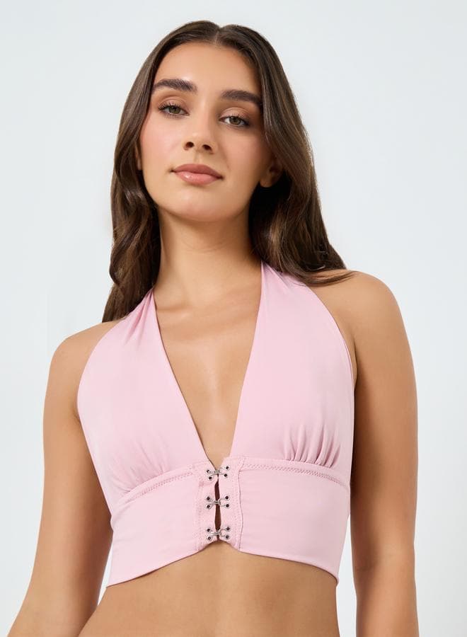 Solid Hanging Neck Metal Buckle Front Detail Non Wired Bra
