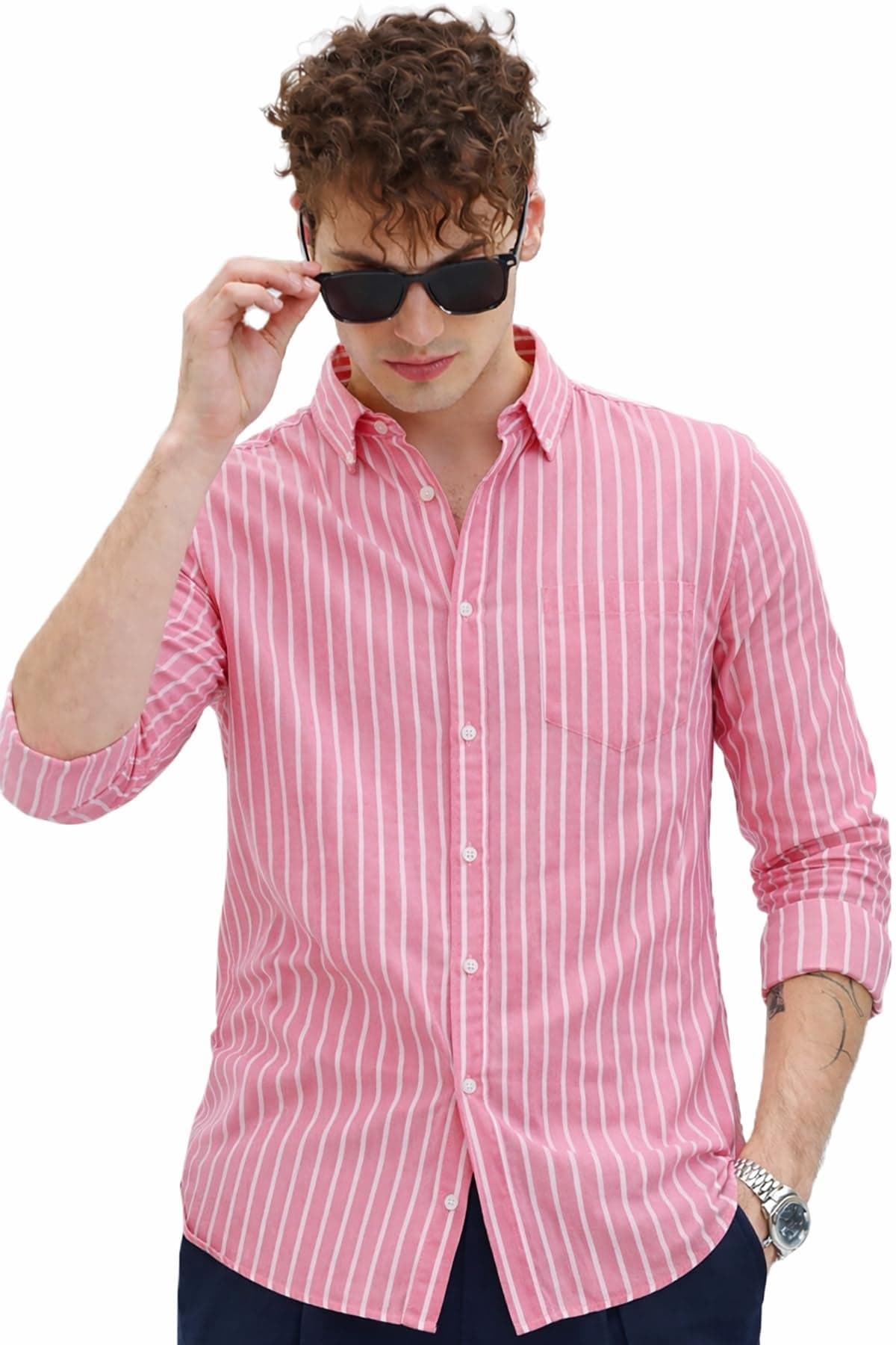 OTUS Slim Fit Casual Shirt for Men - Latest Stylish Printed Striped Design Plus Size Shirt for Men (Pink; Xx-Large)