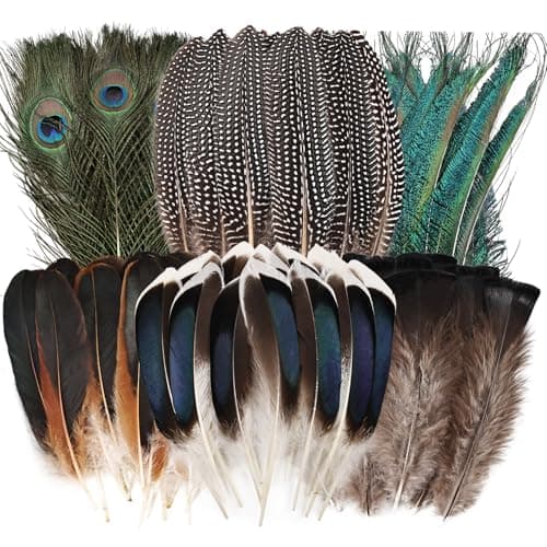 FeelfunFeather 50pcs Natural Feathers Bulk6 Style Mixed Decorative Spotted FeathersPeacock FeatherPeacock SwordsTurkey Feathers for DIY Crafts Wedding Home Party Decoration
