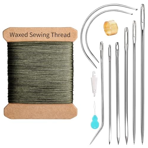 KAQRHFT Repair Sewing Kit Upholstery Needle with 32 Yard Waxed Thread and 8 Pcs Heavy Duty Leather Needles for Hand Stitching Canvas Quilting 055mm Round Waxed Thread Army Green