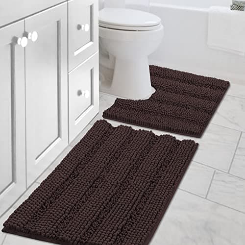 Bathroom Rugs Bath Rug Set 2 Piece Bathroom Contour Rug Toilet Mat Sets Non Slip Contour Bath Rug Set Ultra Thick Water Absorbent Striped Bath Mats Washable20 x 32 Plus 20 x 20 U Chocolate
