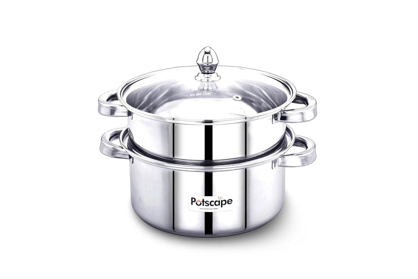 Potscape Stainless Steel Cruise Double Decker 2Tier Steamer 24 cm Capacity 38 LTR Gas and Induction Compactible Dishwasher Safe Multi Cooking Momos Modak Maker Steamer 2 Year Warranty
