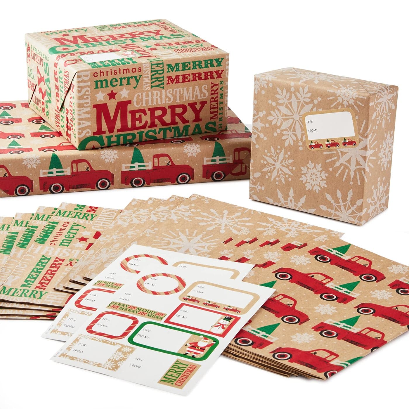 Hallmark Christmas Flat Wrapping Paper Sheets Recyclable Kraft Gift Wrap Paper 12 Folded Sheets with Sticker Seals Rustic Red Trucks White Snowflakes Merry Christmas Lettering