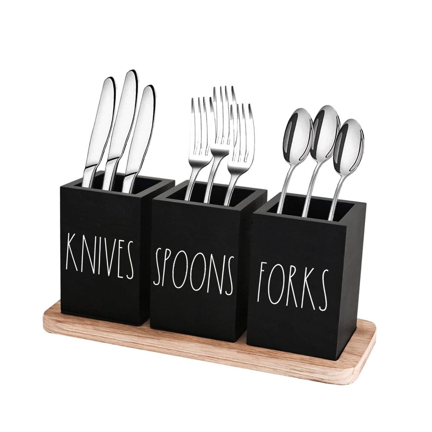 CHONIC Farmhouse Silverware Holder Rustic Wood Silverware Caddy with Tray Spoon Fork Knives Flatware Dispenser Utensil Countertop Organizer Plastic Cutlery Holder for Kitchen Party Black