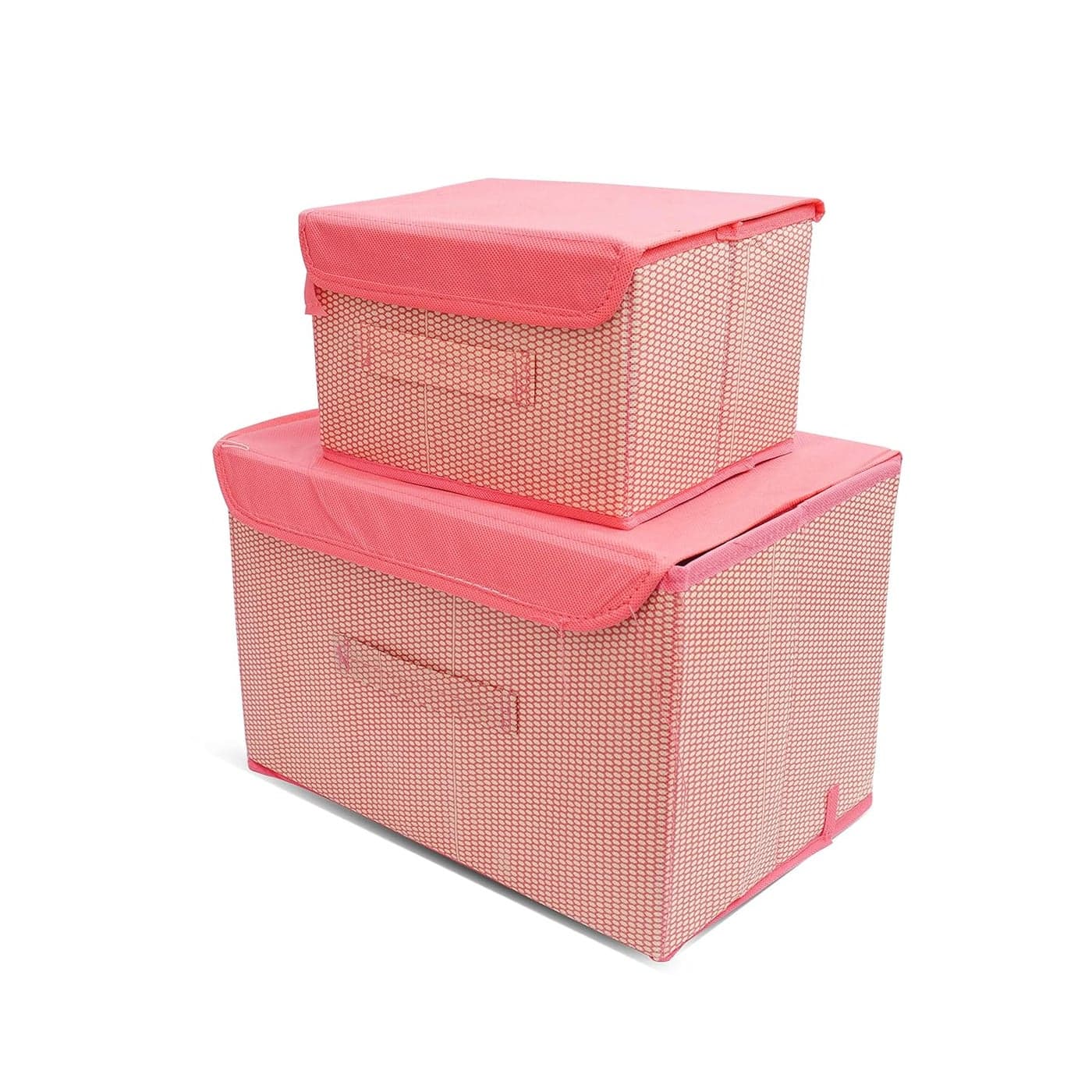 QUAIL Non-Woven Big and Small Storage Box Wardrobe Closet Organizer Foldable & Stackable Basket/Bins with Lid and Handle (Pink, Set of 2)