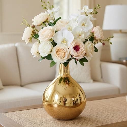 BEHOMA Metal Golden Round Flower Vase for Home Decor Bedroom Living Room Office Wedding | Table Decorative Item for Festivals Birthday Gold Tall Vase (Flower Not Included)