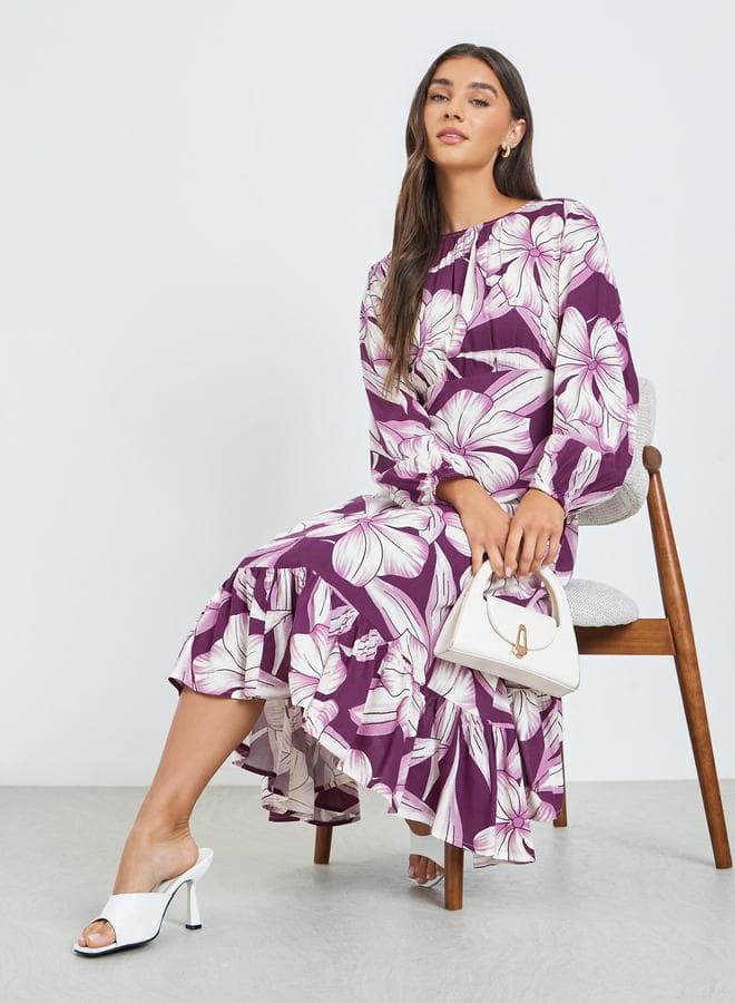 Purple Floral Midi Dress with Long Sleeves