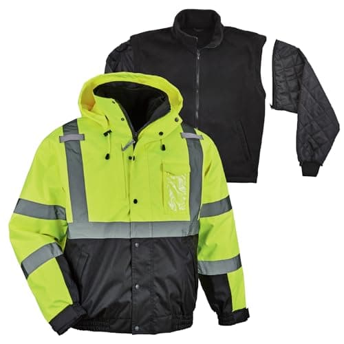 High Visibility Reflective Winter Bomber Jacket, Black Bottom, Zip Out Fleece Liner, ANSI Compliant, Ergodyne GloWear 8381