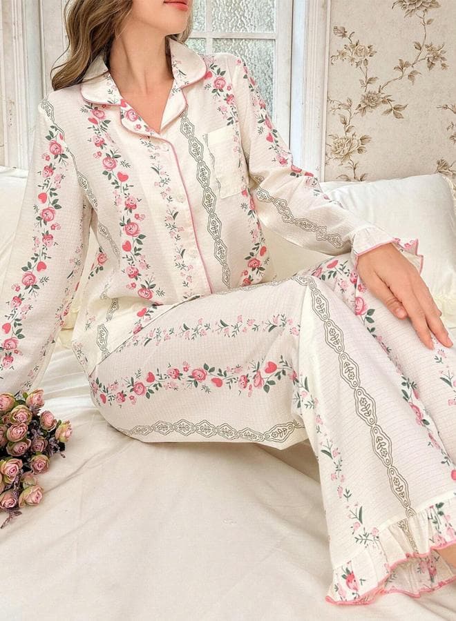 Off White Floral Print Shirt and Ruffle Hem Pyjama Set