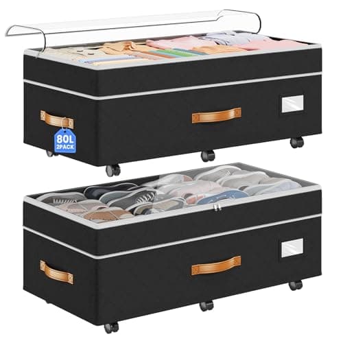 Budding Joy Under Bed Storage with Wheels 2Pack, 80L Height Adjustable Underbed Containers with Clear Lids, Rolling Under Bed Shoe Storage Organizer for Dorm Home Clothes, Blankets, Toys, Black