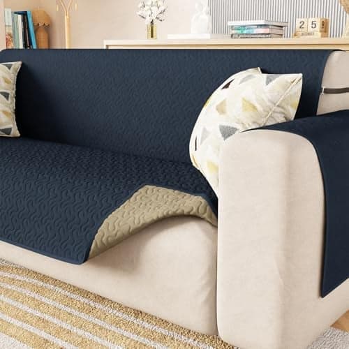 Lukzer 2 Seater Quilted Reversible Sofa Mat with Storage Side Pocket - Stipple Blue | 350 GSM Polyester Blend Full Coverage with Arms | Machine Washable Sofa Runner (110-120CM/SC-206-02)