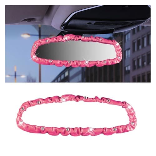 Elastic Bling Rear View Mirror Cover, Crystal Rhinestone Auto Rear View Mirror Protector for Car, Van, SUV, Car Interior Decorative Accessories for Women Girls (Pink)