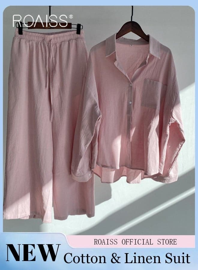 Ladies 2 Piece Set, New Trend Fashion Classic Solid Color Cotton Linen Shirt Suit for Women, Breathable and Cool Long-Sleeve Lapel Shirt Loose Pants, Retro Plus Size Cotton Linen Shirt Set High Waist Loose Pants Set