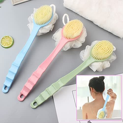 Elpenor 2 IN 1 Bath Body Brush with Soft Loofah and BristlesBack Scrubber with Curved Long Handled Shower Brush for Wet or Dry Women Men MulticolorsPack of 2