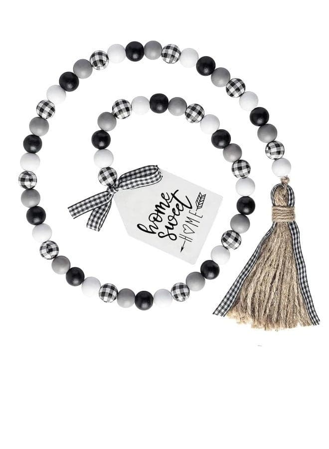 Wooden Bead Garland 40inch Black White Plaid Wood Bead Garland with Tassel Rustic Farmhouse Tiered Tray Decorations Country Rustic Wall Hanging Decor Natural for Home