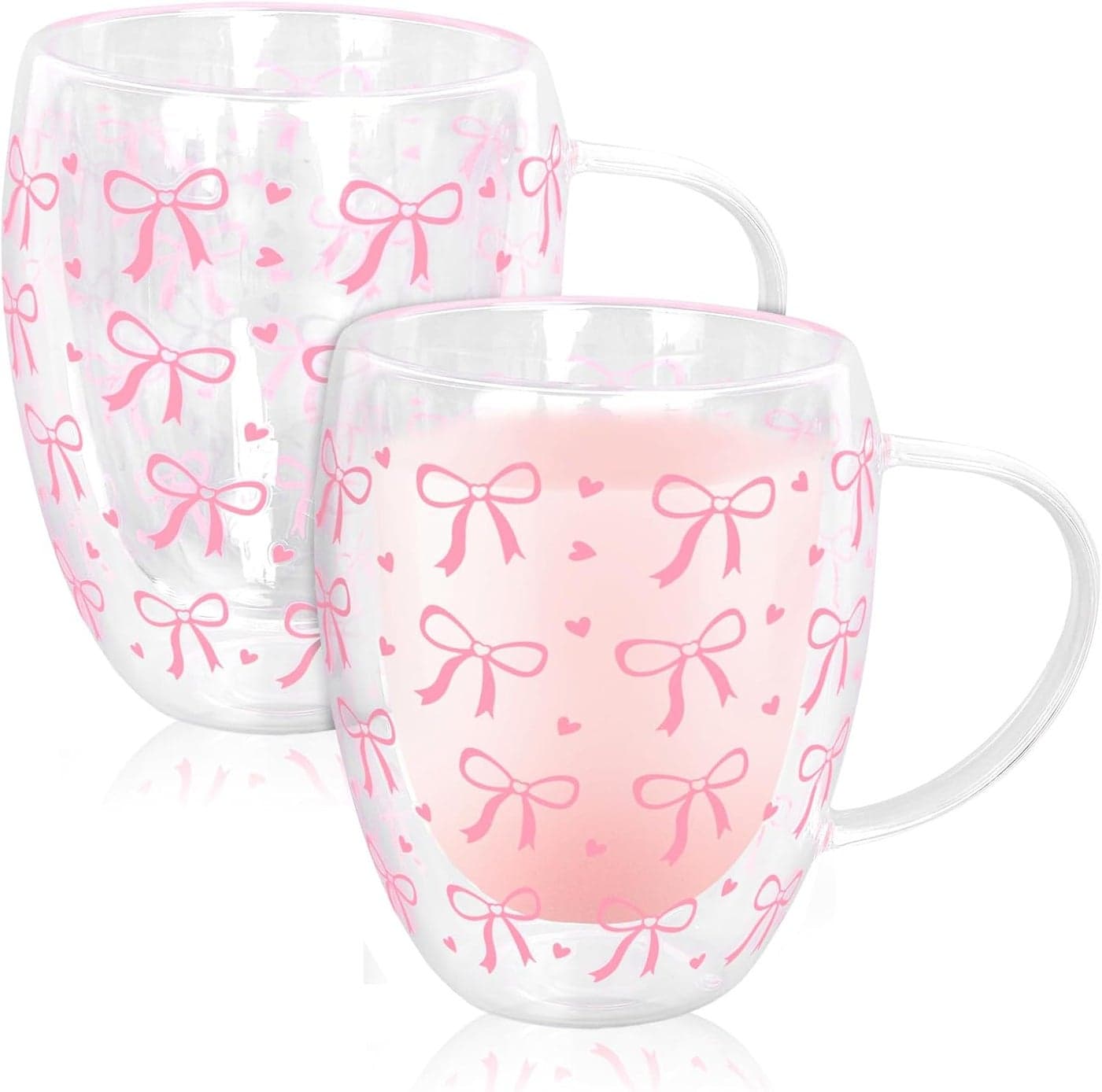 Pink Bow Double Wall Glass Coffee Mugs 12Oz Cute Bowknot Heart Insulated Glasses Clear Espresso Cups with Handle for Home Holiday Supplies Set of 2