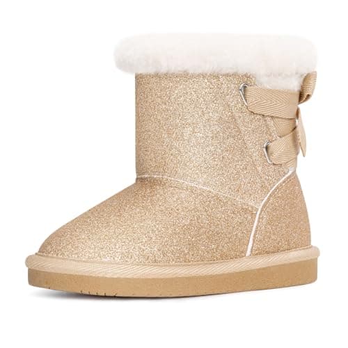KRABOR Girls Glitter Snow Boots Cotton Lining Warm Winter Non~Slip Shoes with Cute Bow for Toddlers/Little Kid (Rose Gold Size 9)
