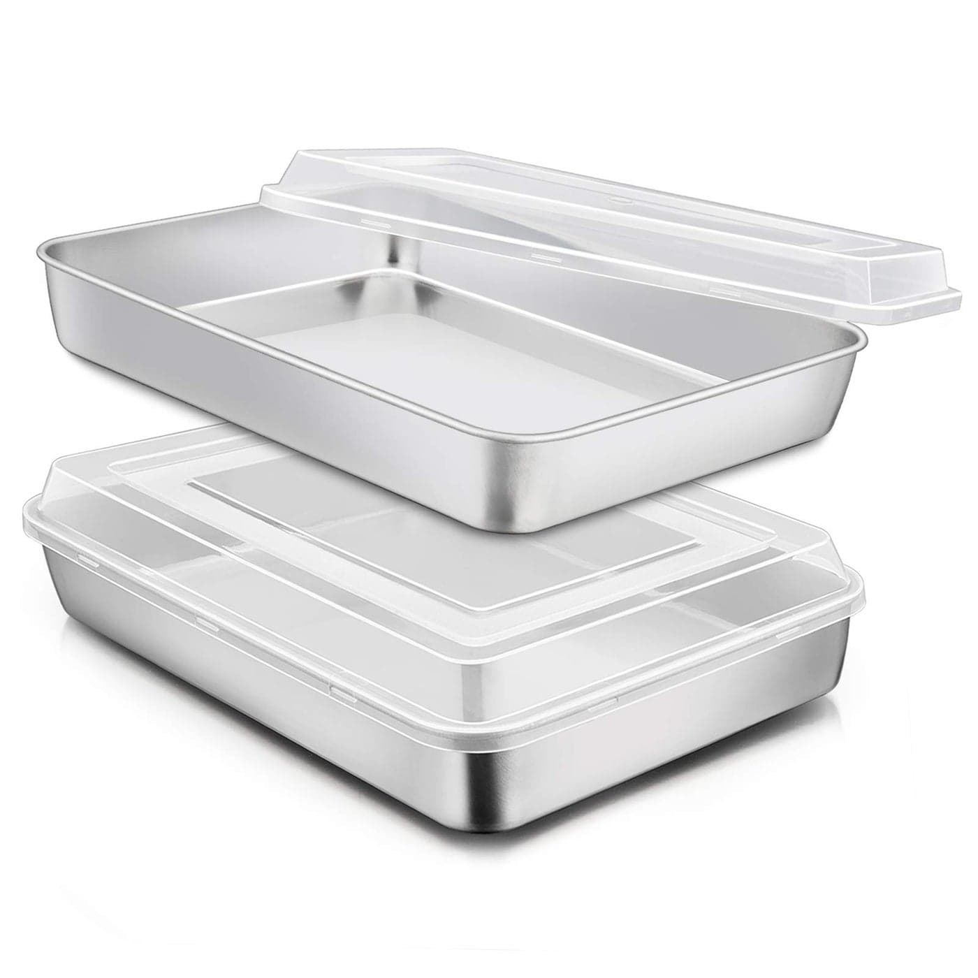 Efar Stainless Steel Baking Pan with Lid 12 x 9 x 2 Inch Rectangle Sheet Cake Pans with Covers Bakeware for Cakes Brownies Casseroles Nontoxic Healthy Heavy Duty Dishwasher Safe Set of 2